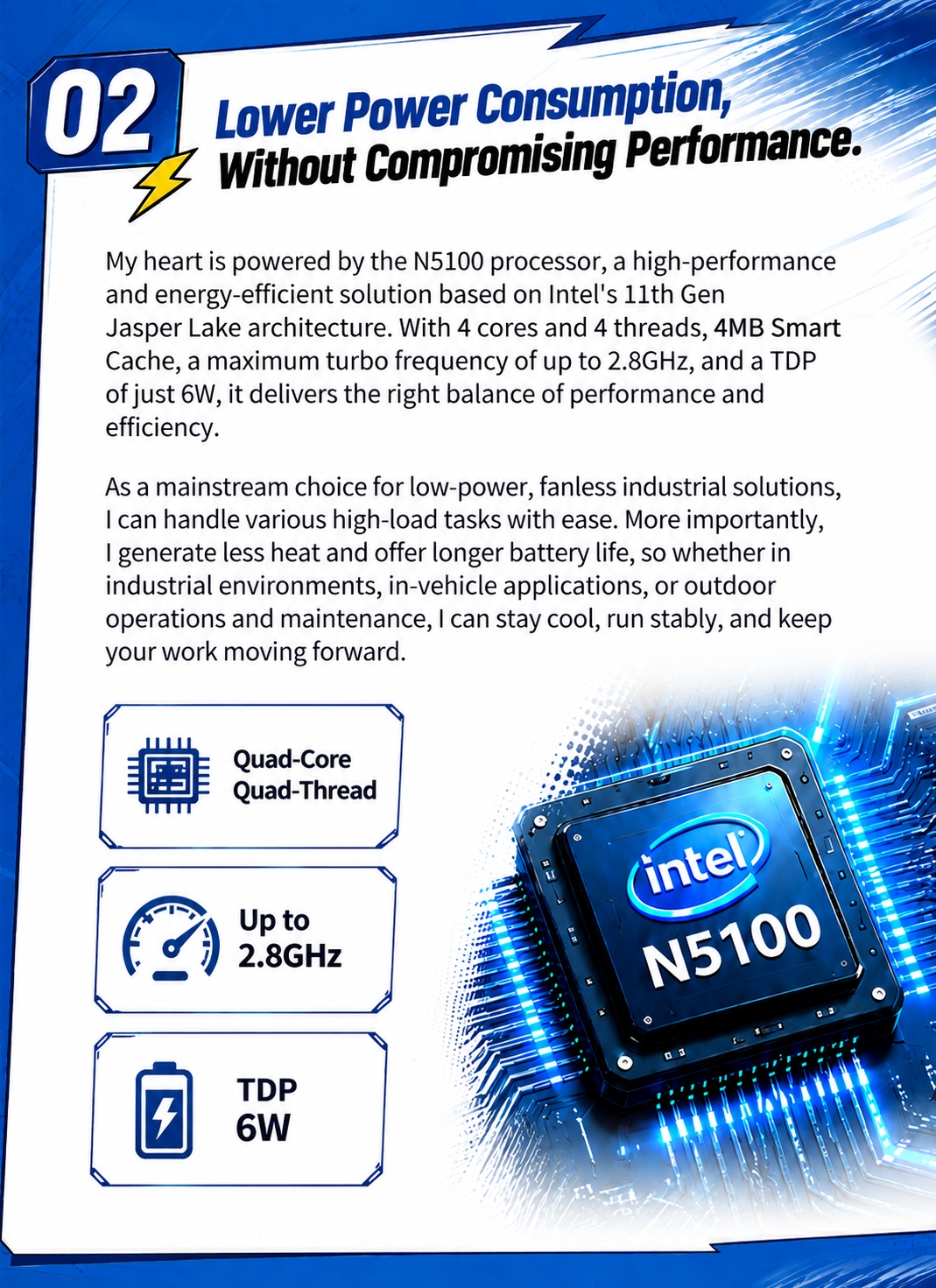 Intel N5100 low-power processOu with 4 cOues 4 threads up to 2,8 GHz and TDP 6W