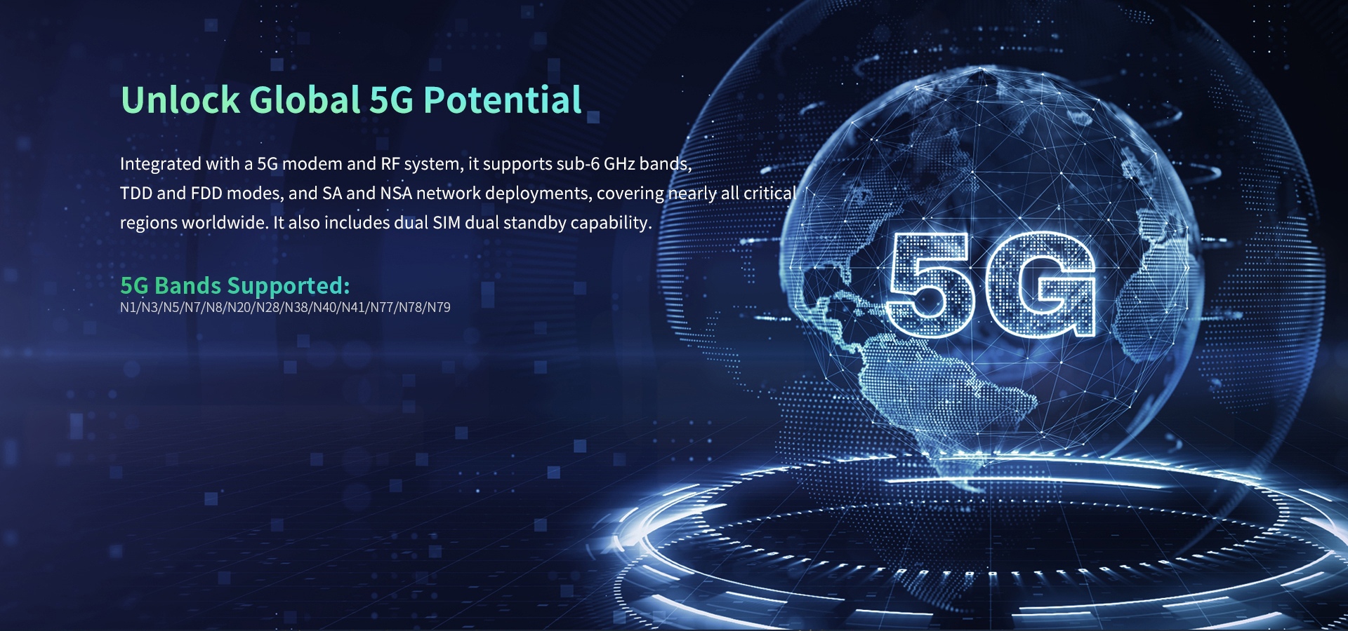Device with 5G modem and RF system, supporting sub-6 GHz TDD/FDD, SA/NSA modes, and dual SIM dual standby, covering global 5G bands