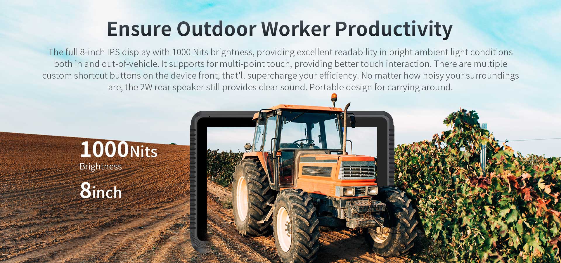 V8T tablet with 8-inch IPS display at 1000 nits brightness, multi-point touch, custom shortcut buttons, 2W rear speaker, and portable design for outdoor worker productivity