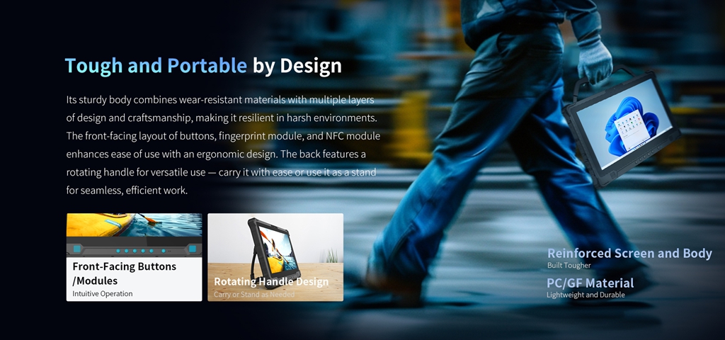 An overview of the tablet's tough and portable design, showcasing its reinforced body and a multi-functional rotating handle for carrying or use as a stand.