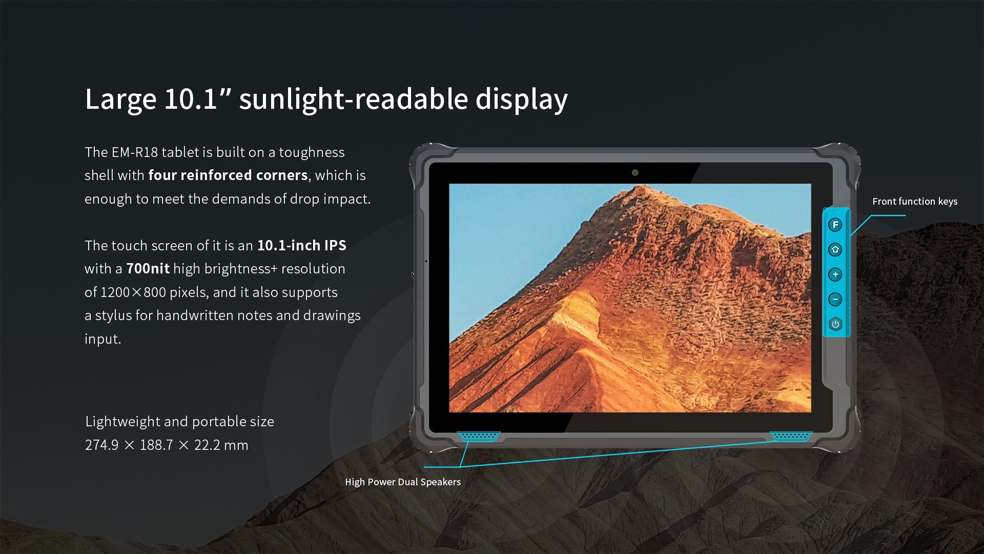 EM-R18 tablet with tough shell, 10.1-inch 700nit IPS 1200x800 touchscreen, stylus support, dual speakers, and portable size 274.9x188.7x22.2mm