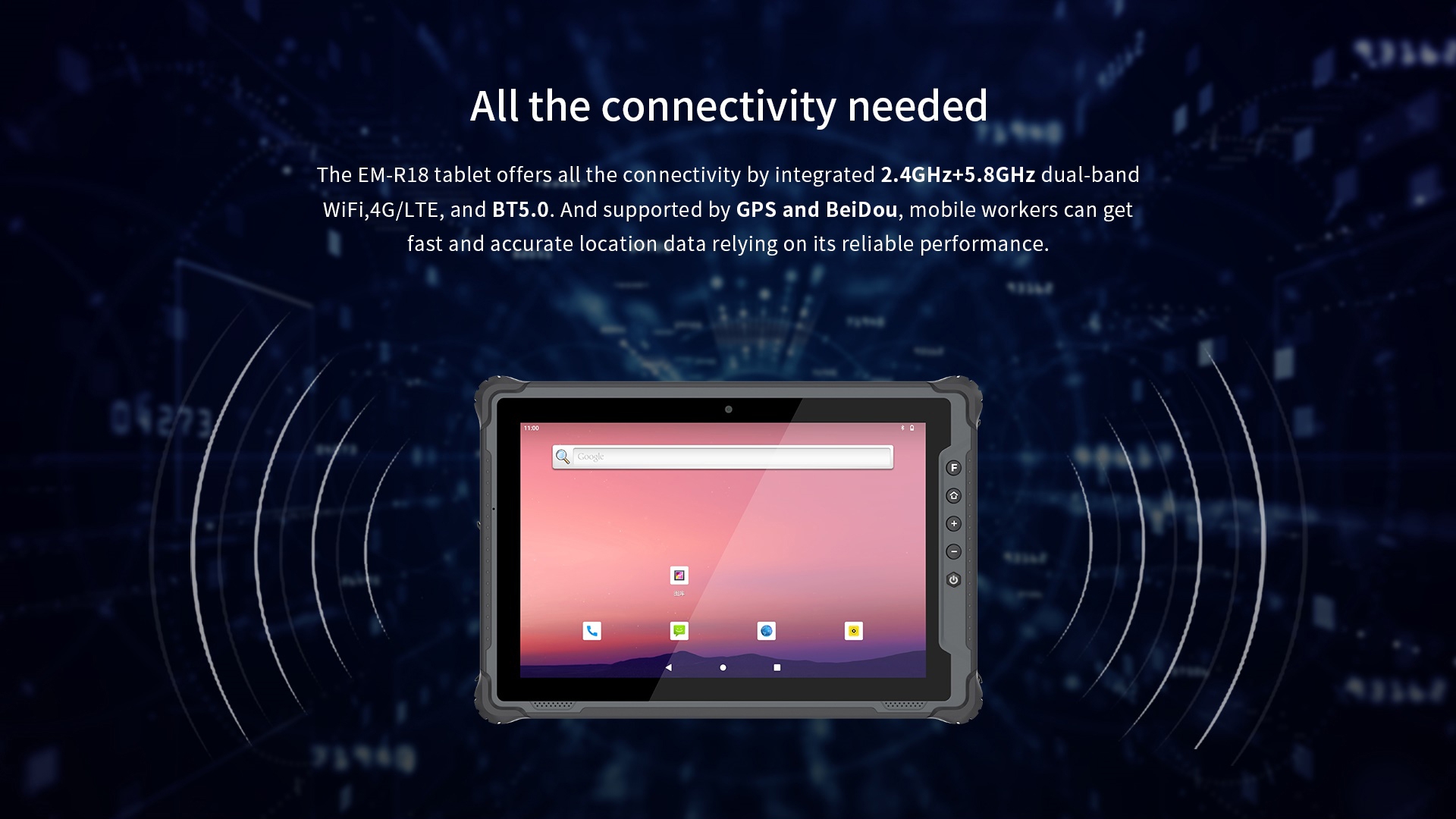 EM-R18 tablet with 2.4GHz+5.8GHz Wi-Fi, 4G/LTE, BT5.0, and GPS+BeiDou for fast, accurate location data