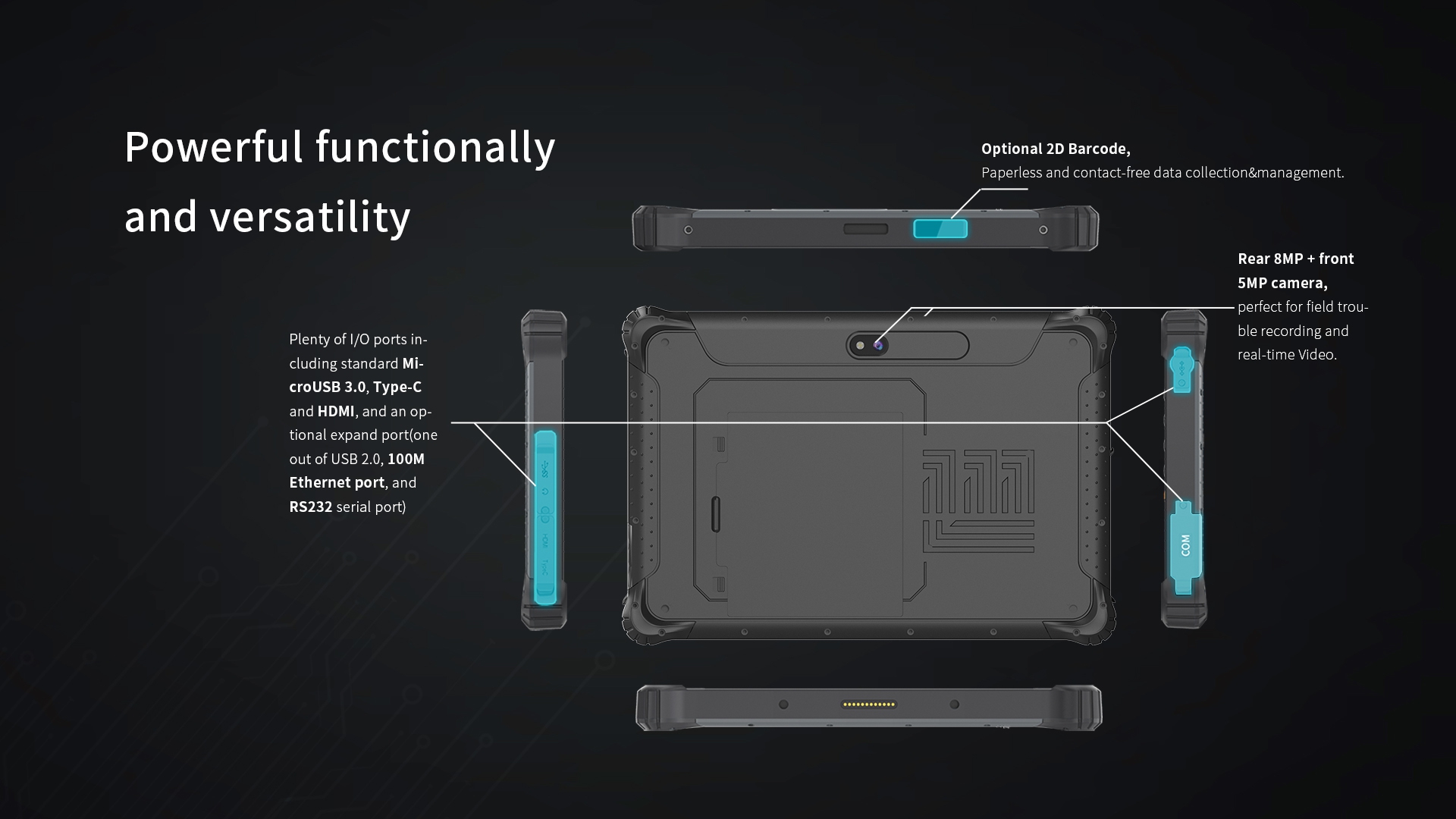 Tablet with powerful functionality, featuring USB 3.0 Type-C, HDMI, RS232 port, Ethernet, optional 2D barcode, and 5MP front/rear cameras for data collection and real-time recording.