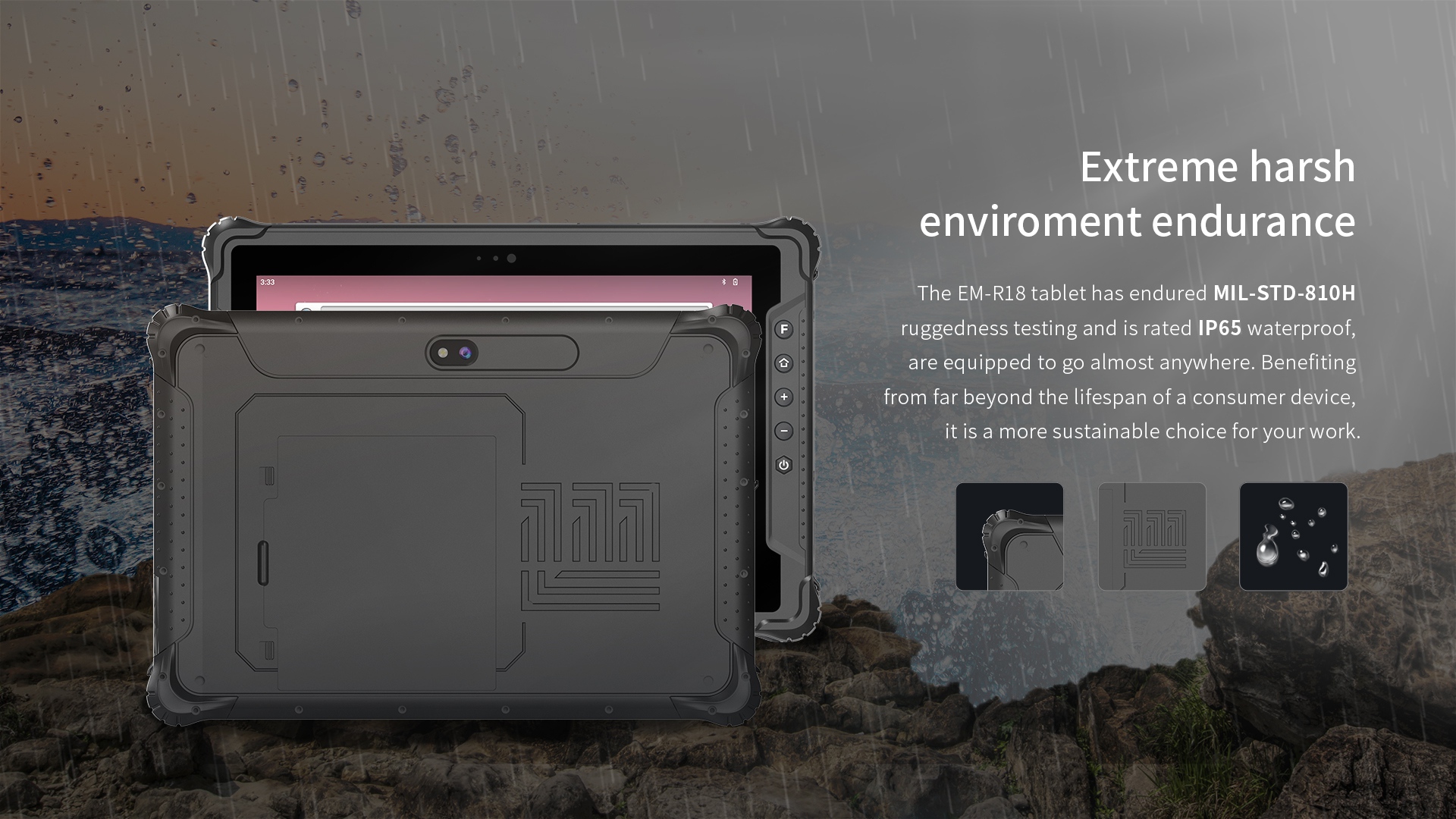 EM-R18 tablet with MIL-STD-810H ruggedness and IP65 waterproofing, built for extreme environments with sustainable longevity