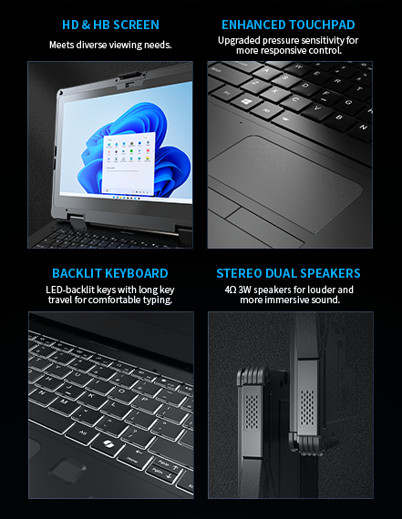 The laptop's 14-inch anti-glare display, which is sunlight-readable and supports both multi-touch and glove touch for easy interaction.