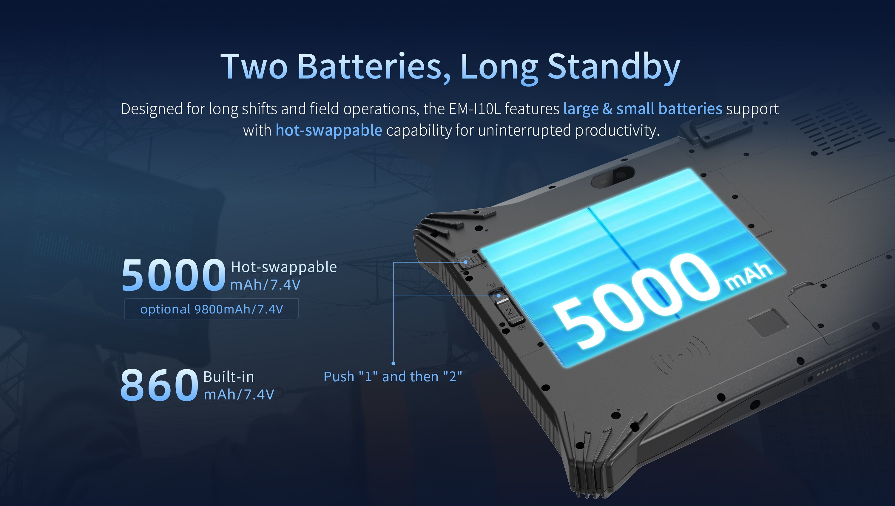 EM-I10L rugged AI tablet with hot swappable dual battery 5000mAh battery optional 9800mAh battery and long standby for field work