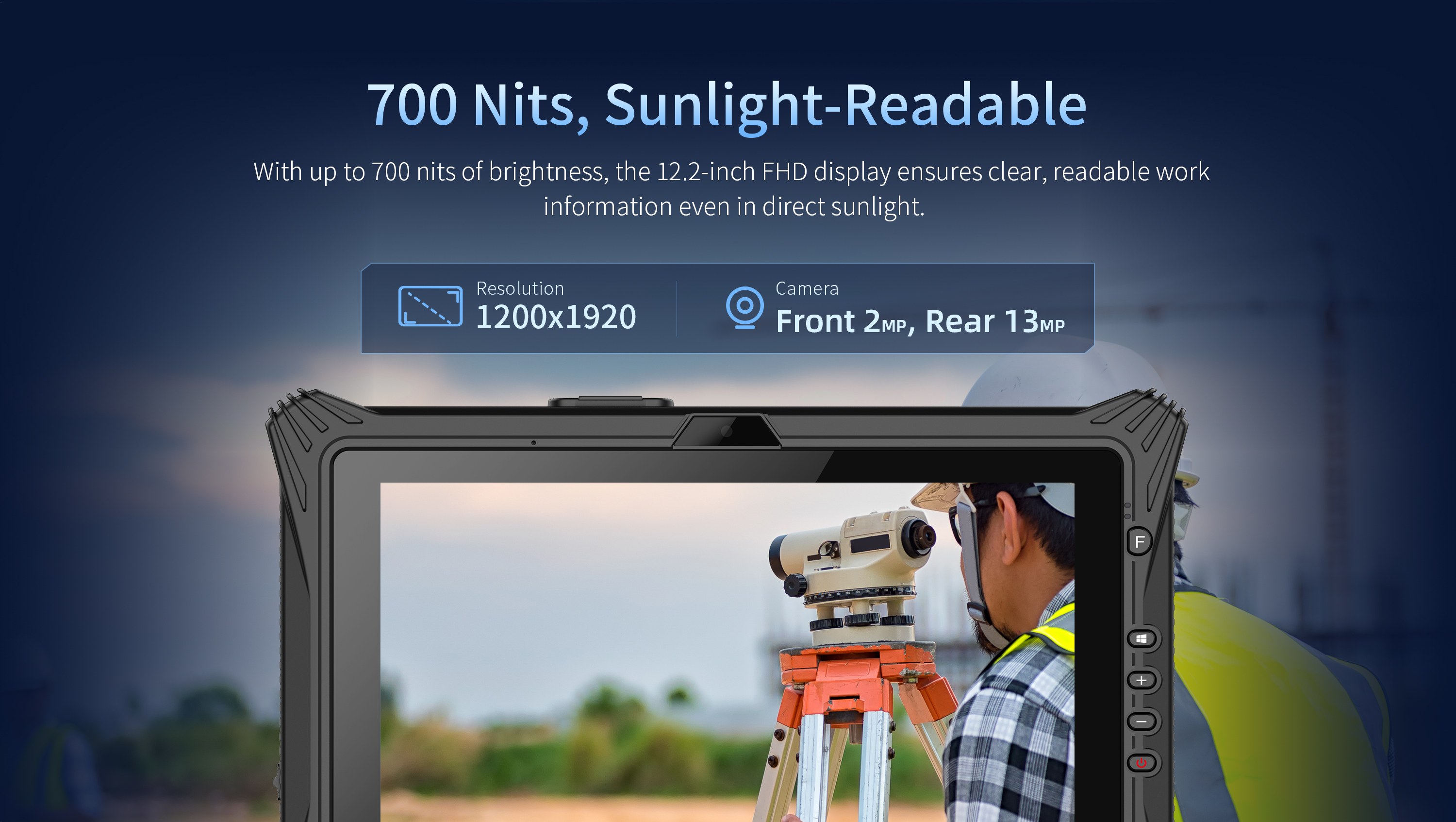 EM-I20L Rugged AI Tablet with 12.2 inch FHD 700 nits sunlight readable display 1920 x 1200 resolution front 2MP camera and rear 13MP camera