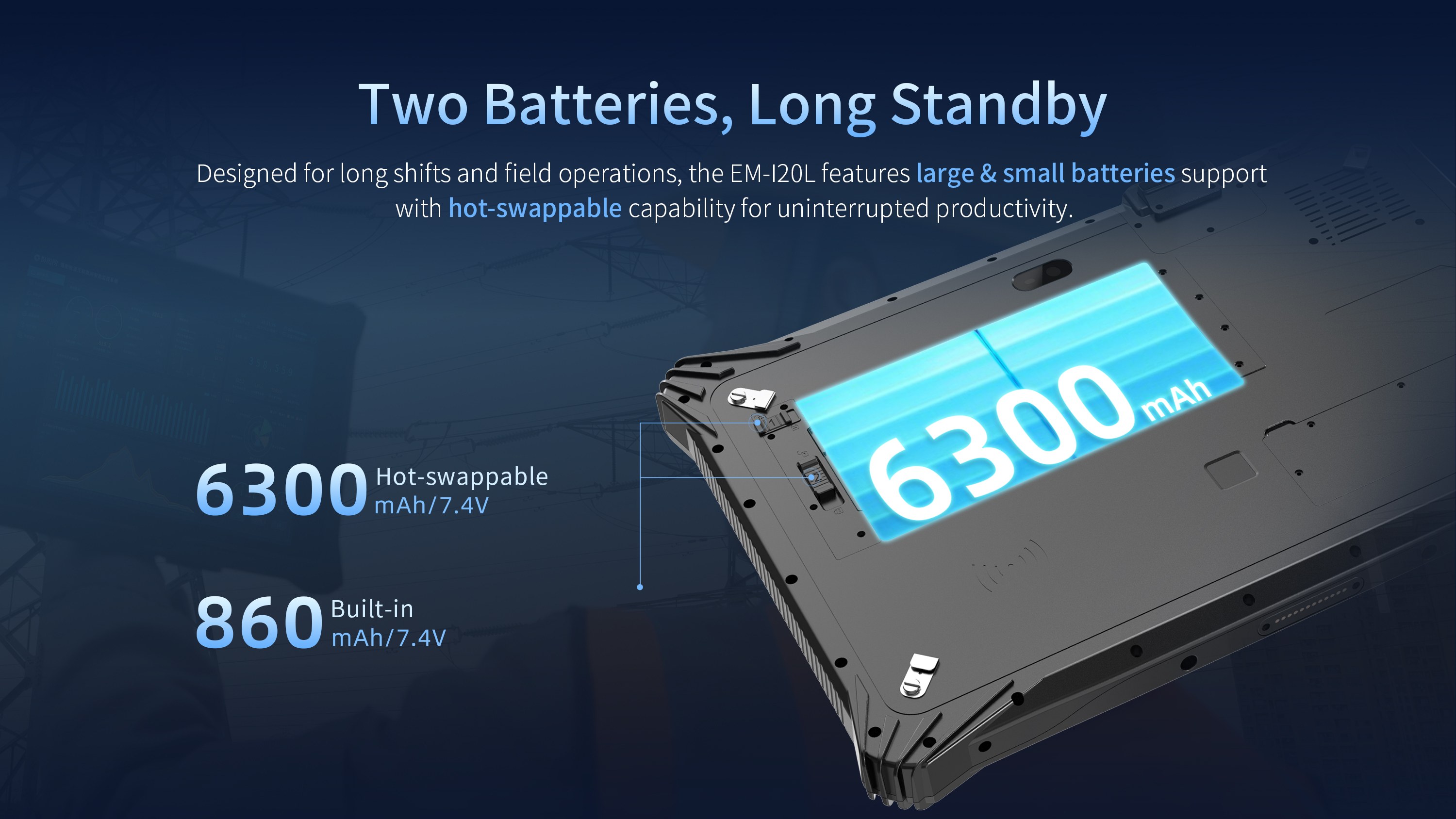 EM-I20L Rugged AI Tablet with 6300mAh hot swappable battery 860mAh built-in battery and long standby support for field operations