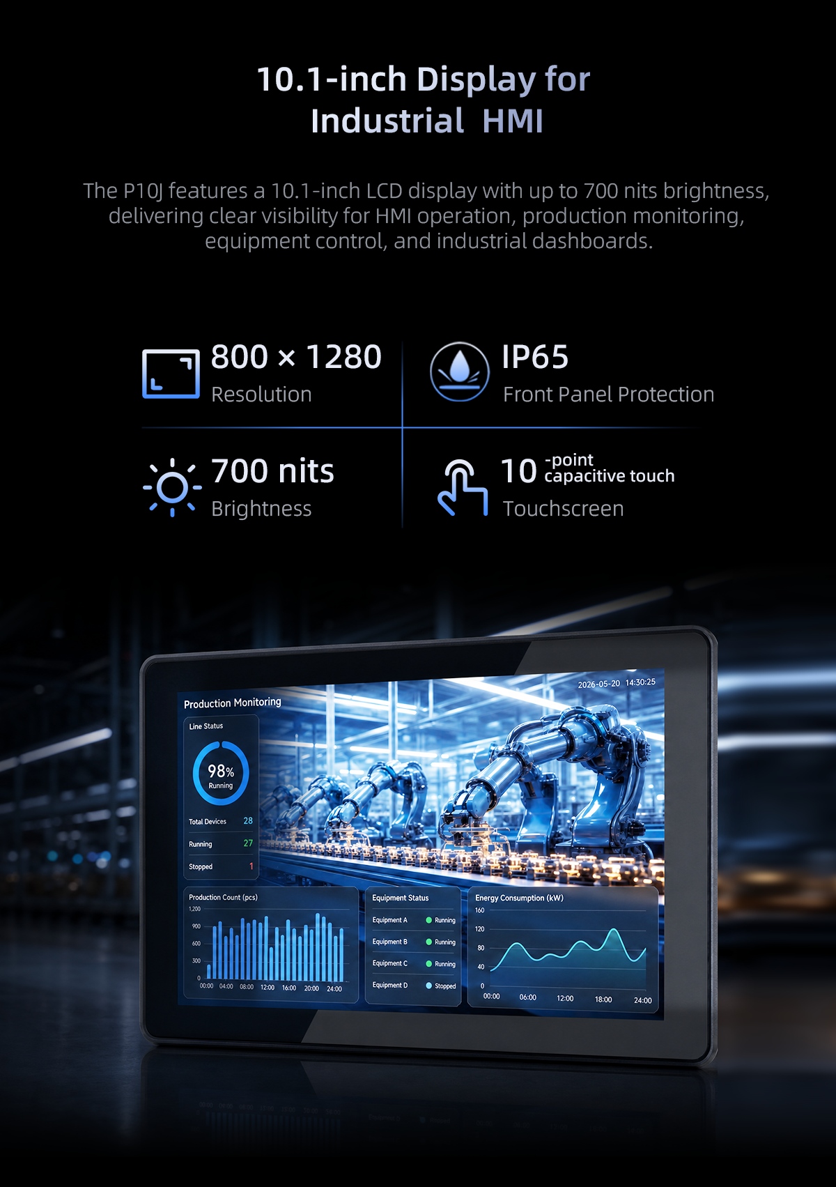 P10J industrial panel PC with 10.1-inch touchscreen, 700 nits brightness and IP65 front panel