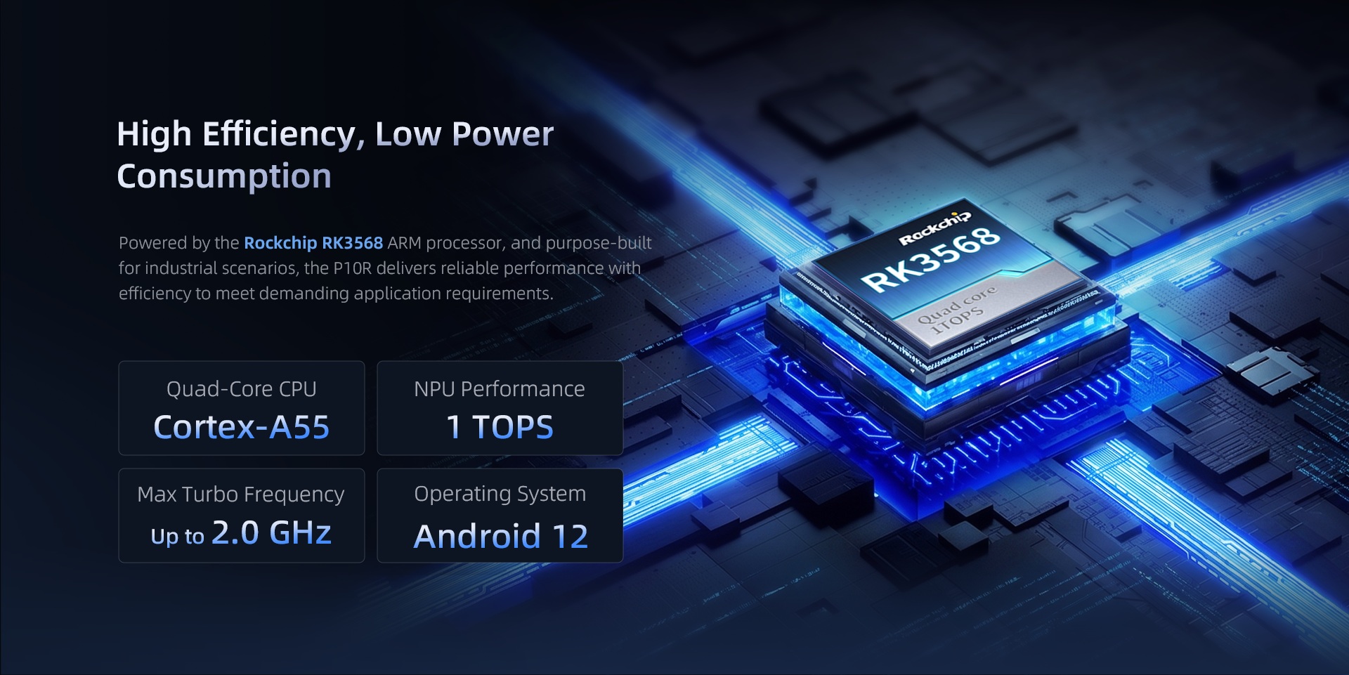 P10R Android industrial panel PC with Rockchip RK3568 quad-core processor, up to 2.0GHz and Android 12