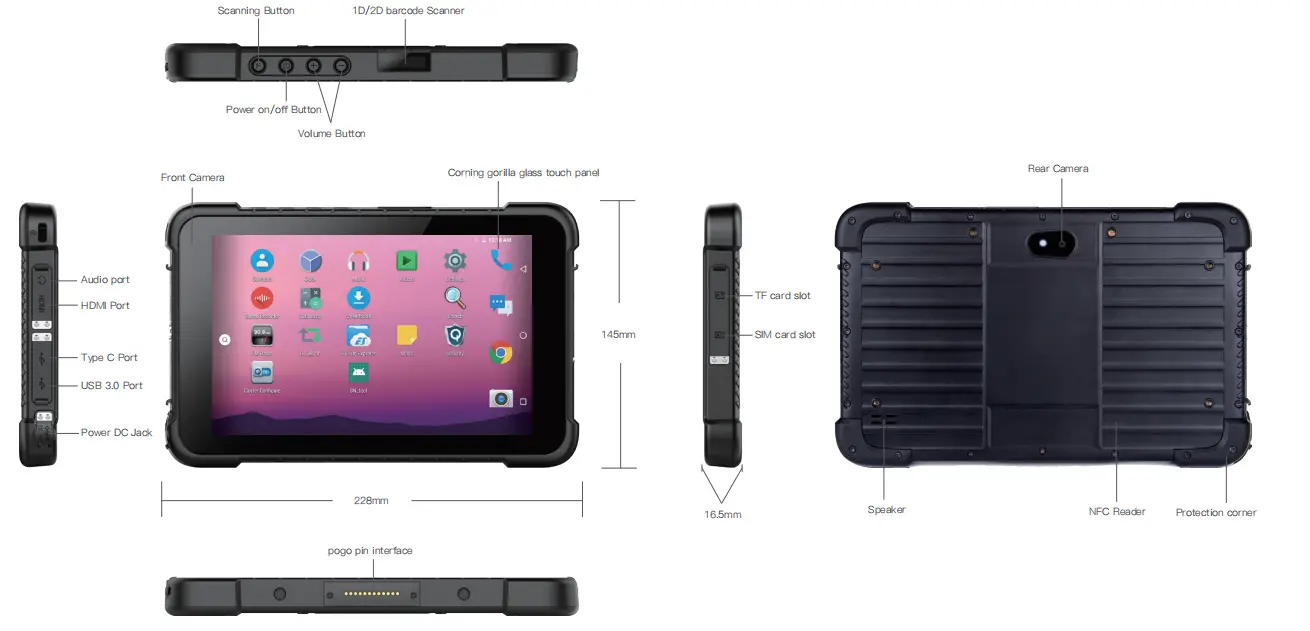 Six Views of 8'' Android Tablet EM-Q86 Rugged PC